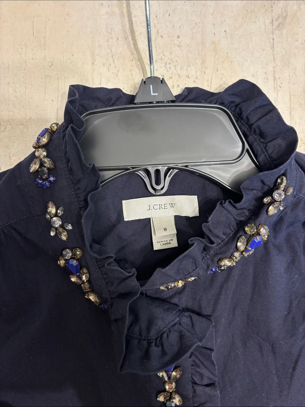 J.Crew Navy Sleeveless Beaded Ruffle-Neck button down